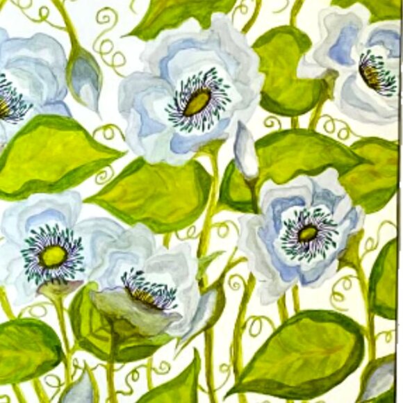 Hand Painted Other - PAINTING WATERCOLOR ART CLEMATIS FLOWERS 8x10 PURPLE BLUE GREEN 16X20 WHITE MAT